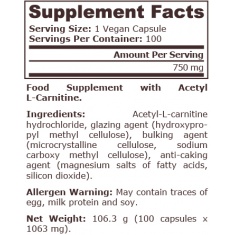 Pure Nutrition - Acetyl L-Carnitine 750 Mg - 100 Vegan Capsules