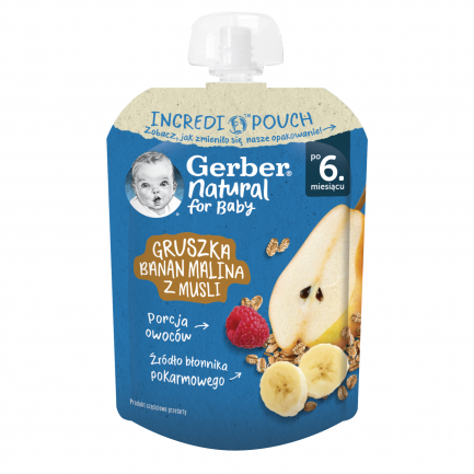 Nestle Gerber Пауч круша, банан, малина и мюсли 6м+ 80 g