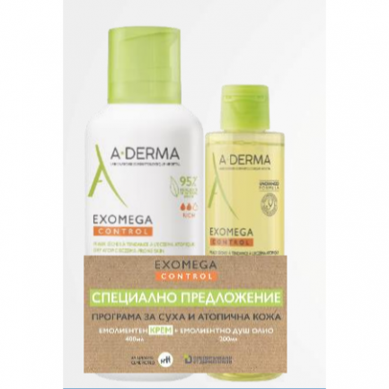 A-Derma Exomega Control Емолиентен крем 400 ml + Емолиентно душ-олио 200 ml