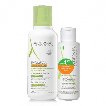 A-Derma Комплект Exomega - Емолиентен крем за суха кожа за лице и тяло 400 мл + Емолиентен пенещ се гел 200 мл