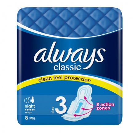 Always Класик Нощни Дамски Превръзки х8 броя - Procter & Gamble