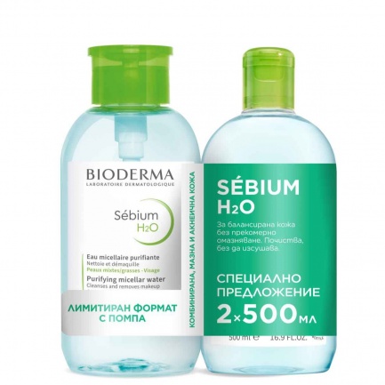 Bioderma ПРОМО Sebium H2O Почистваща мицеларна вода за мазна кожа 2 броя х500 ml