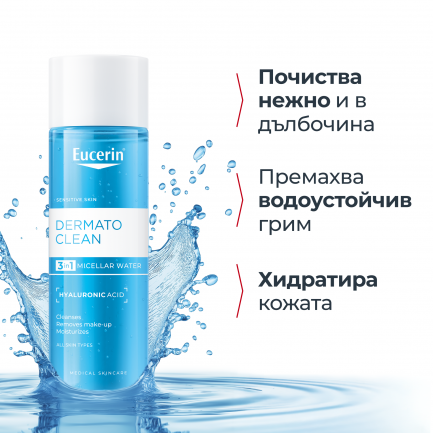 Eucerin® DERMATOCLEAN Мицеларна вода 3 в 1 за всеки тип кожа с хиалурон 400 ml