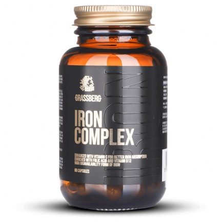 GRASSBERG Iron Complex - Желязо + Витамин C + Фолиева Киселина + Витамин B12 | 60 caps