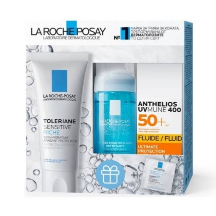 La Roche-Posay Toleriane Sensitive Riche Крем 40 ml + Physiological Мицеларна вода-пяна 50 ml + Anthelios UVMune 400 SPF50+ Флуид 15 ml + Cicaplast B5 Серум 2 ml