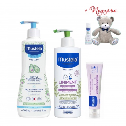 Mustela Измивен гел за коса и тяло 500 ml + Mustela Линимент 400 ml + Mustela Крем против подсичане 100 ml + ПОДАРЪК