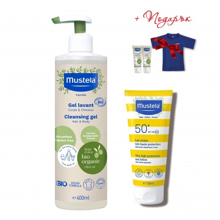 Mustela Органик Измиващ гел за коса и тяло 400 ml+ Mustela SPF50+ Слънцезащитен лосион 100 ml + ПОДАРЪК
