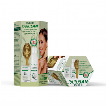 Parusan Комплект Стимулиращ шампоан 200 ml + Таблетки за коса, кожа и нокти х42 броя + Четка за коса