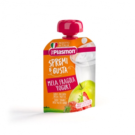 Plasmon 3098 Плодова закуска - ябълка, ягода и йогурт 12+м 85 ml