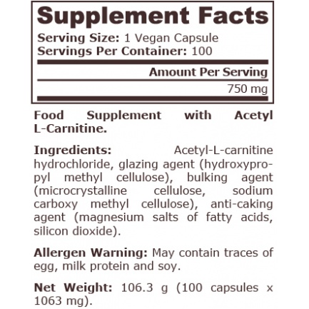 Pure Nutrition - Acetyl L-Carnitine 750 Mg - 100 Vegan Capsules