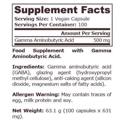Pure Nutrition - Gaba 500 Mg - 100 Vegan Capsules