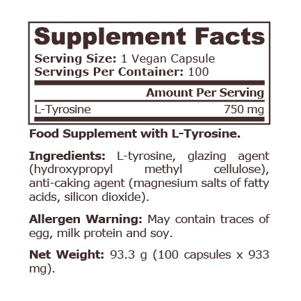 Pure Nutrition - L-Tyrosine 750 Mg - 100 Vegan Capsules