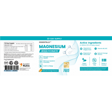 Swedish Essentials Течен Магнезий 375 мг Бисглицинат (50/33 дози) - 500 мл